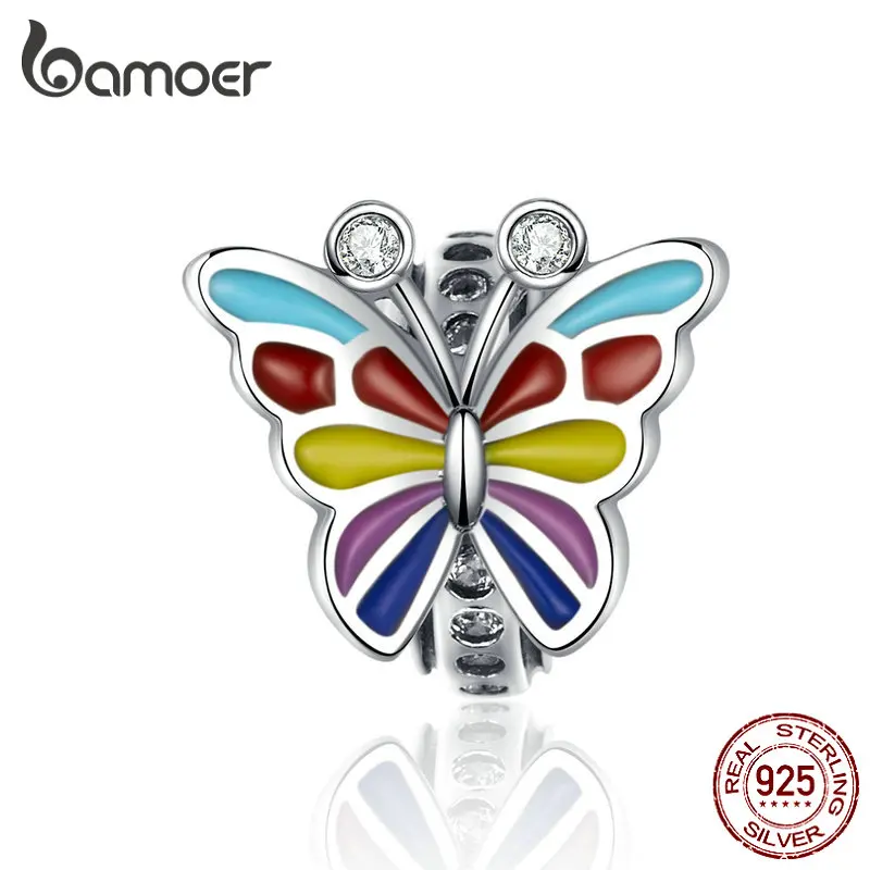 BAMOER, цветные подвески-бабочки, 925 пробы, серебро, эмаль, Шарм для женщин, роскошный бренд, змея, 3 мм, браслет, хорошее ювелирное изделие SCC1195