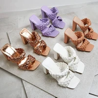leather braided high heel sandals women runway party shoes woman cross wove folds mules shoes sexy thin heel slippers woman