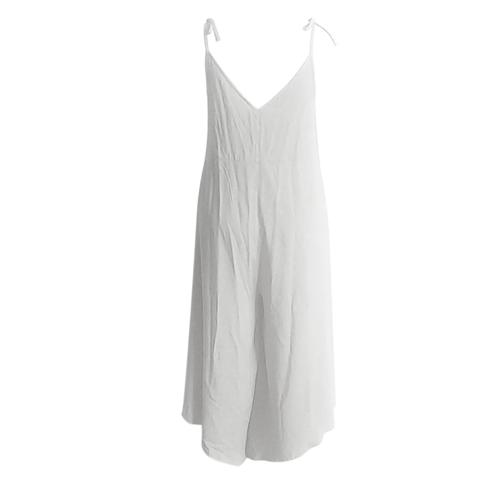 

Women Casual Solid Color + Pocket V-Neck Romper Long Playsuit Strap Loose Backless Jumpsuits Bohemian Style Beach Outdoor Romper