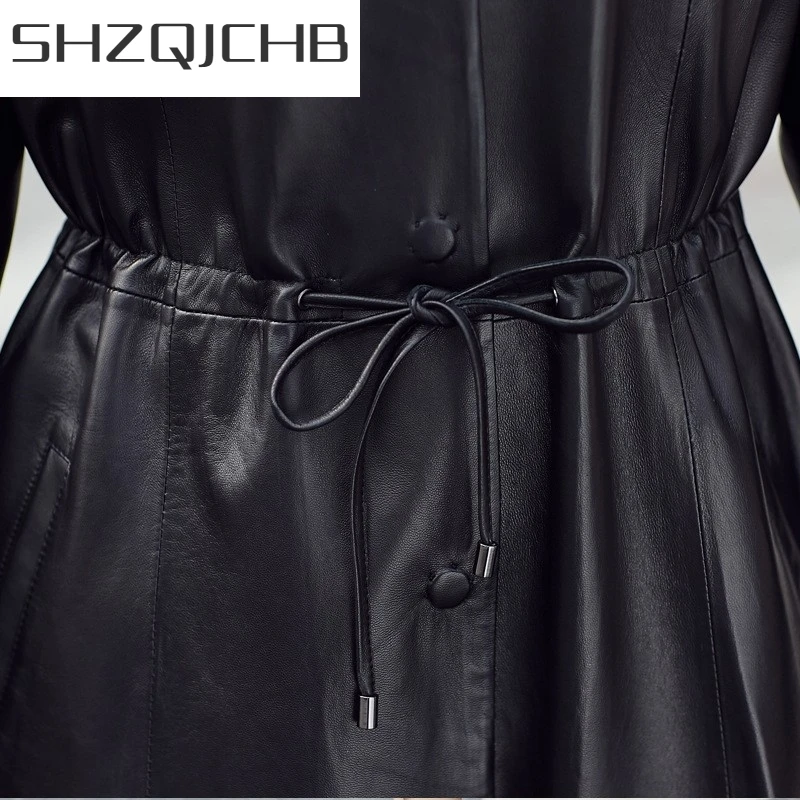 

JCHB 2021 Women Brand Luxury Soft Sheepskin Real Leather Fashion Long Jacket Coats Black Drawstring Ladies Slim Genuine Leather