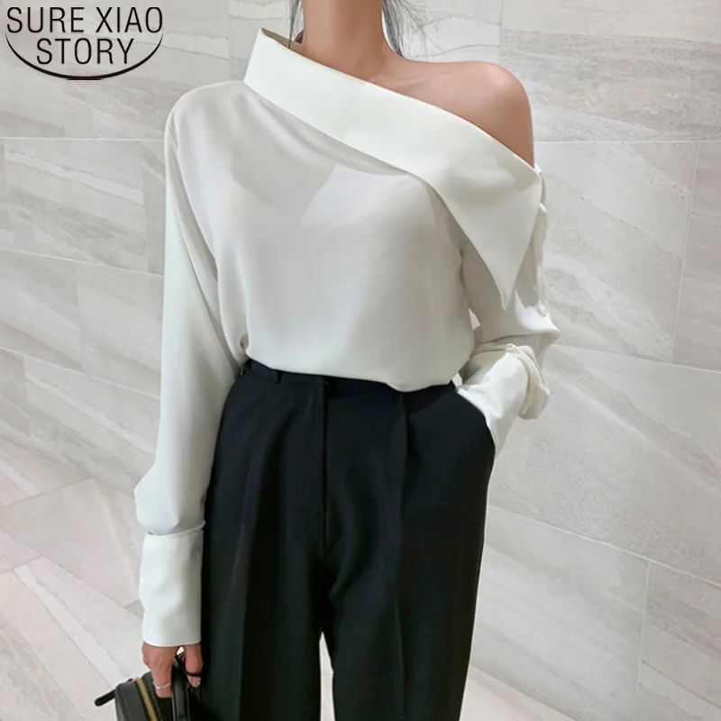

2021 Spring White Blouse Long Sleeve Fashion Women Blouse Skew Collar Sexy Loose Shirt Blusas Korean Clothes Ladies Tops 13544