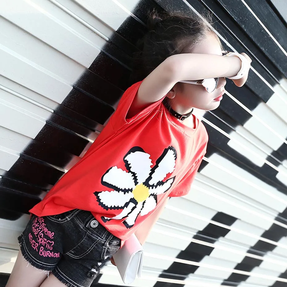 Летняя футболка для девочек с цветочным принтом футболки топ коротким рукавом