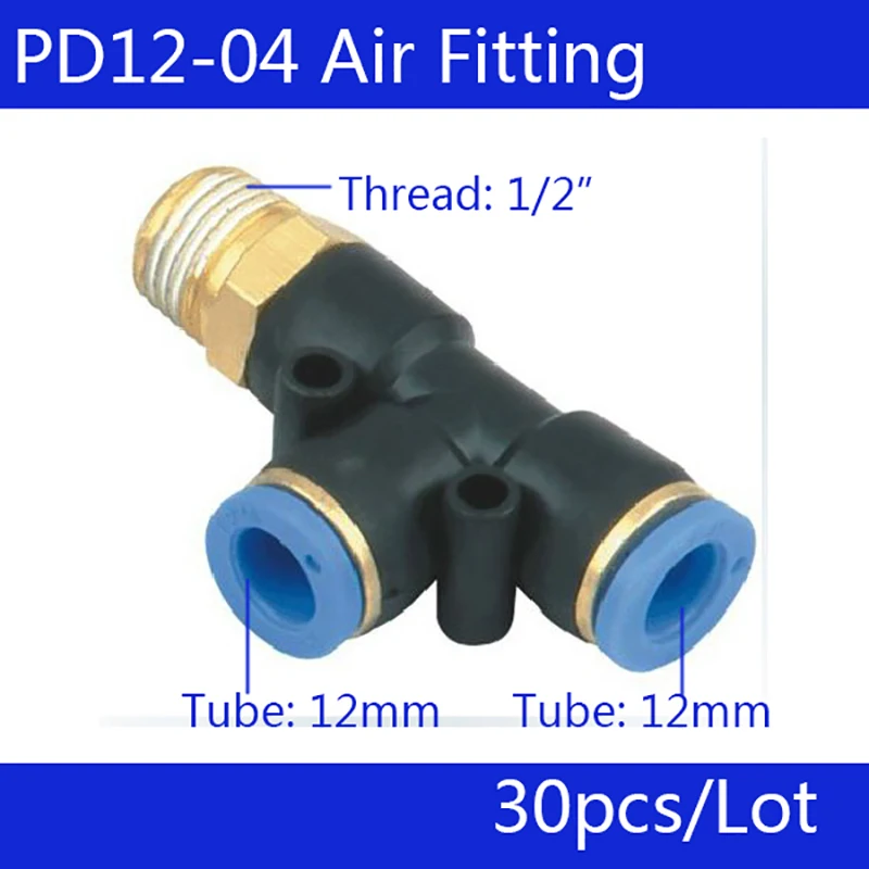 

Free shipping 30Pcs PD12-04, Pneumatic 1/2" Thread 12mm One Touch Push In T Joint Quick Fittings