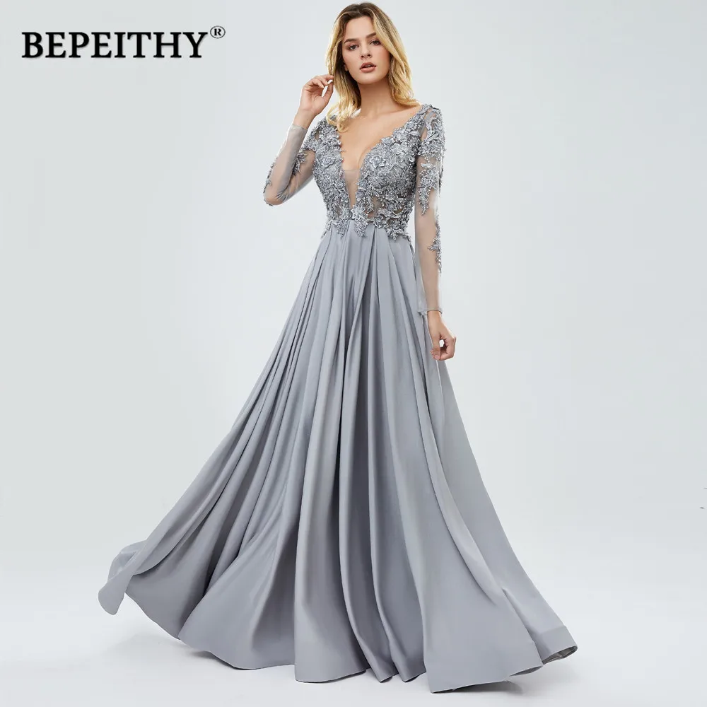 BEPEITHY новое женское вечернее Формальное платье с v-образным вырезом и длинными рукавами Robe De Soiree сексуальное кружевное с открытой спиной платье для выпускного вечера