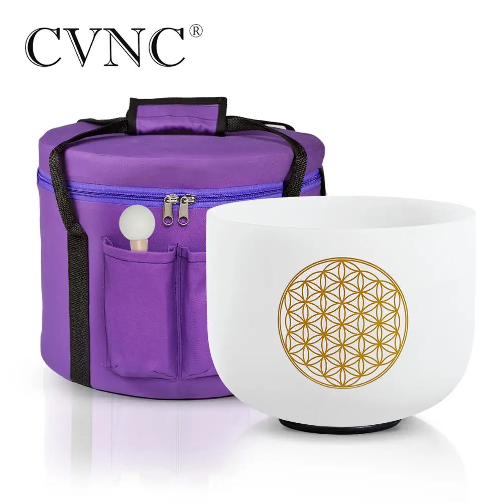 CVNC 528Hz 8 Inch Chakra Frosted Quartz Crystal Singing Bowl C Note with Life Flower Design for Stress Relief with Carry Bag