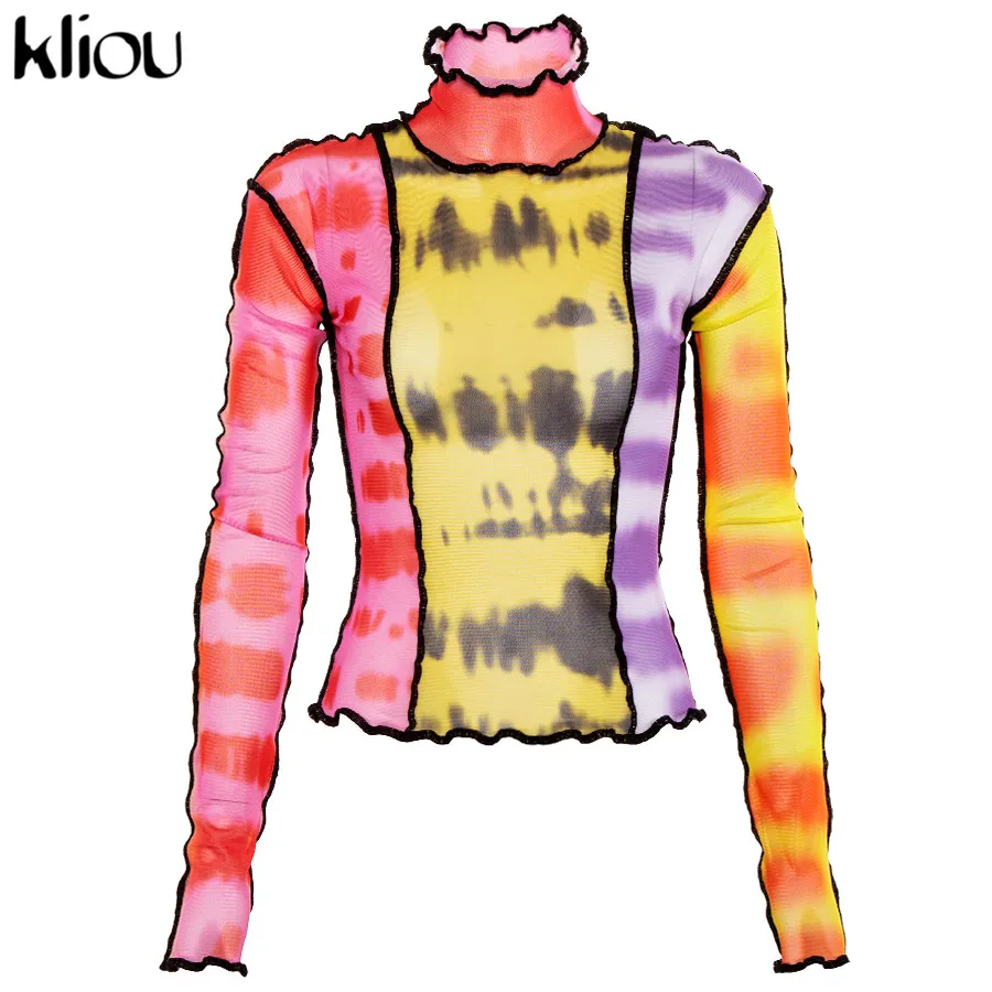 Kliou new Breathable women print t-shirt mesh material ruffles turtleneck full sleeve crop top female sexy Slim fit tops