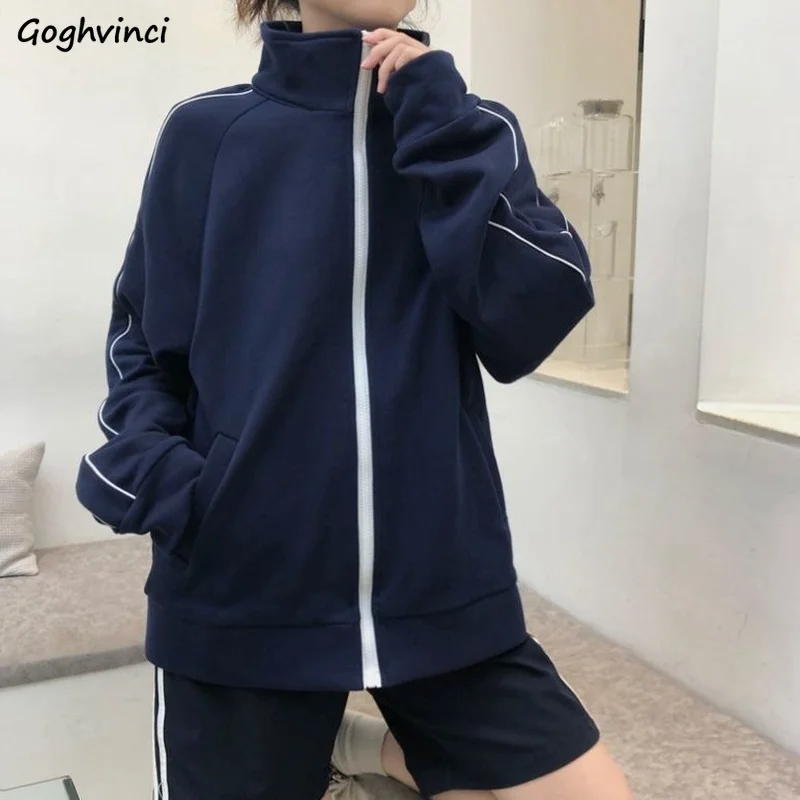 

Женские куртки в стиле преппи, куртка с воротником-стойкой в полоску сбоку, пальто, Молодежная универсальная уличная одежда на молнии для бе...