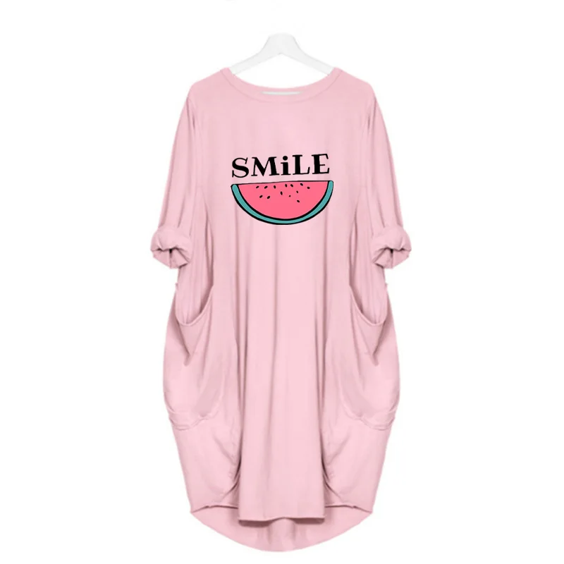 

Women Loose Dresses Cartoon Watermelon Print Autumn Midi Long Sleeve Plus Size o Neck Pockets Casual Streetwear Vestidos Robes