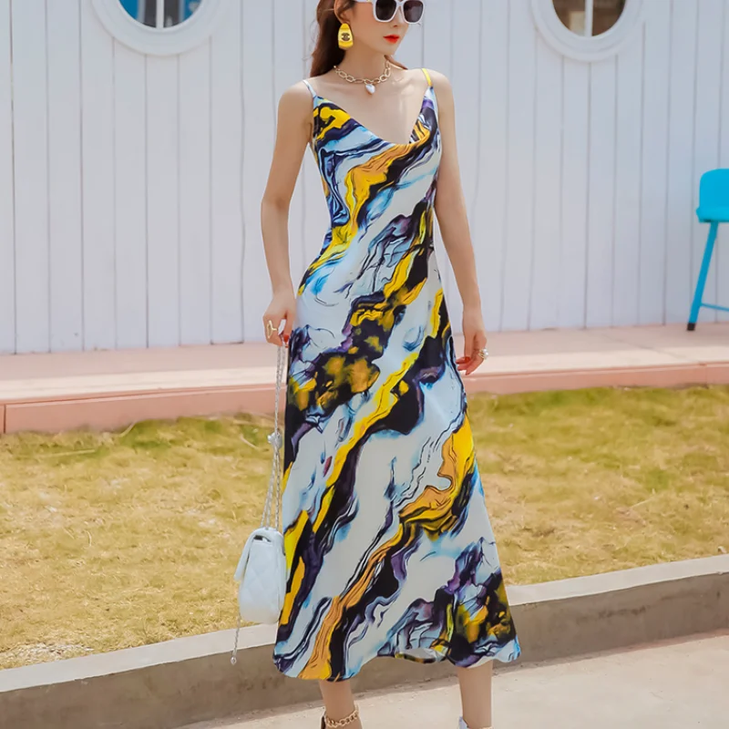 

Женское плиссированное платье без рукавов, Роскошное винтажное Клубное платье с высокой талией и принтом, летнее сексуальное платье с откр...