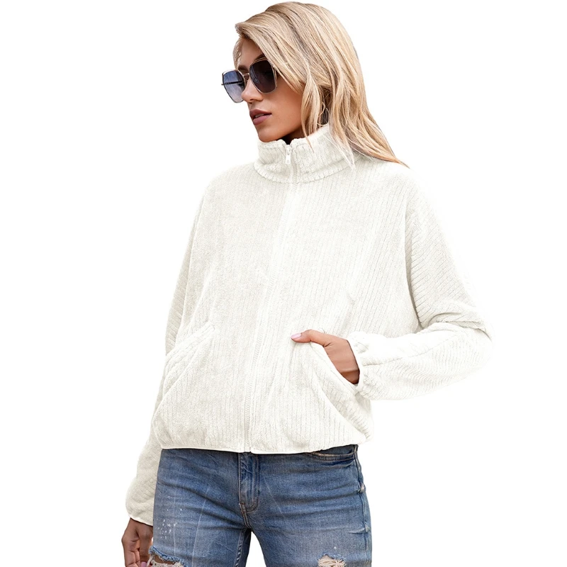 

Women Winter Warm Long Sleeve Lapel Jacket Ribbed Flannel Solid Color Zipper Coat Loose Short Outwear with Pockets