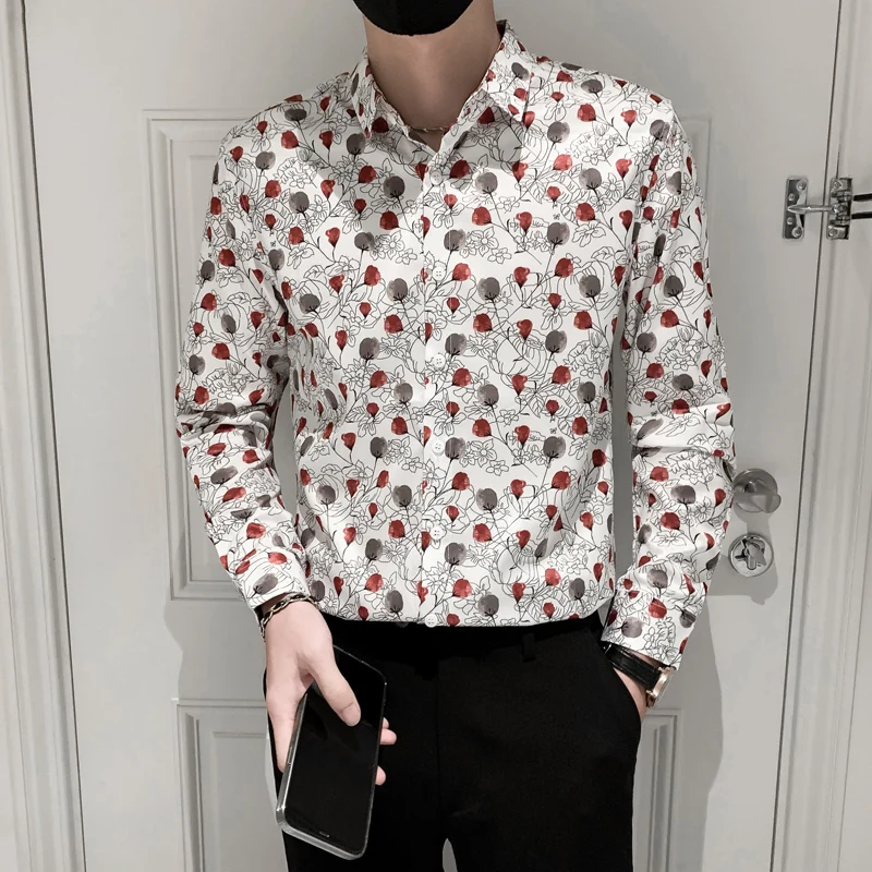 

Рубашка мужская осенняя, с цветочным принтом, с длинным рукавом, приталенная, деловая, официальная, уличная одежда, 2021