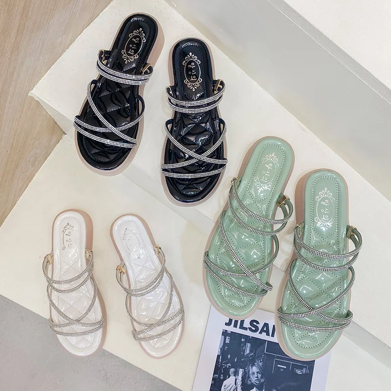 

Comfort Shoes for Women Rhinestone Sandals Strappy Heels All-Match Suit Female Beige Soft 2021 Summer Buckle Clear Elastic Band
