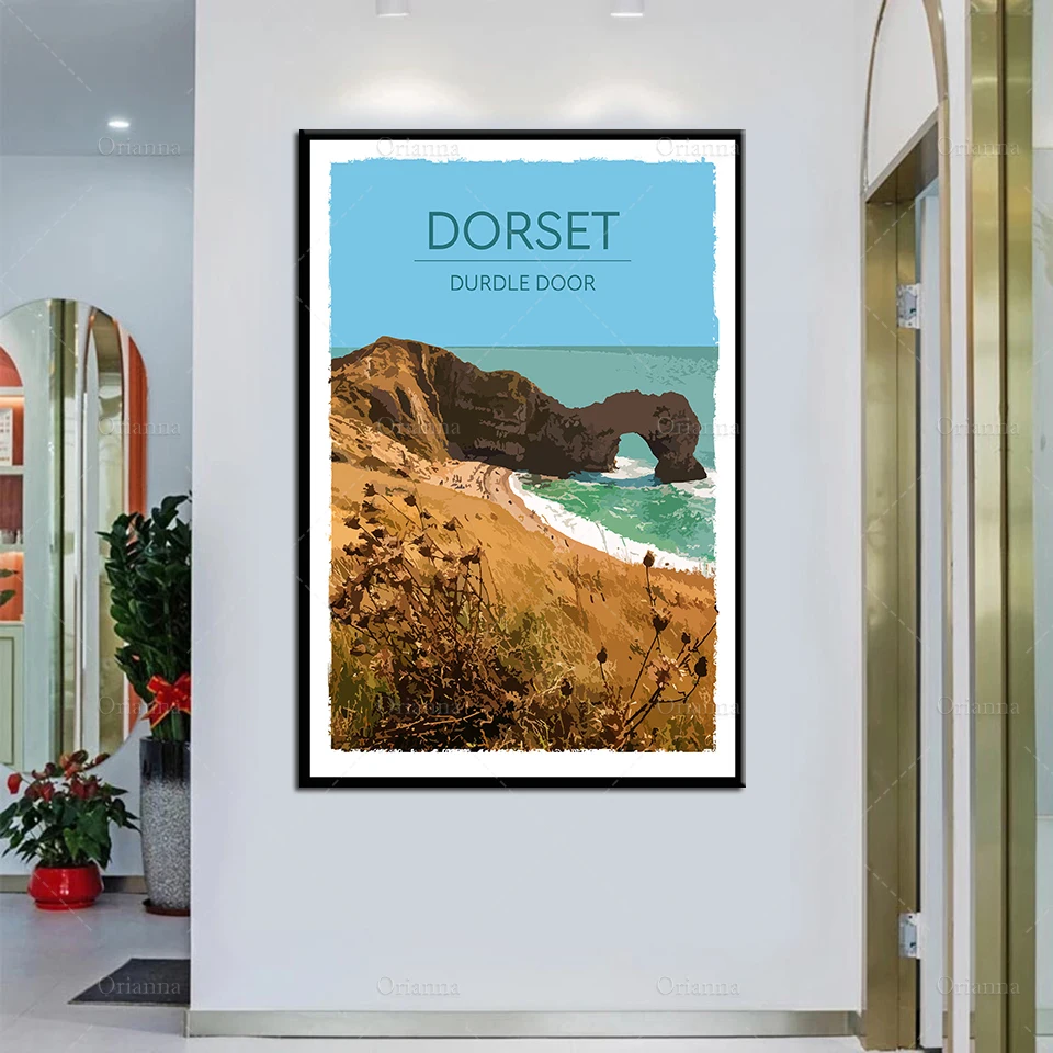 

Retro Vintage Style Travel Poster Durdle Door Oil Painting Posters and Prints on Canvas Wall Art Modular Pictures Home Decor