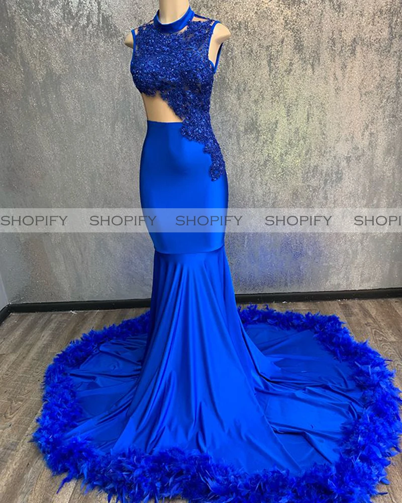 

Long Elegant Prom Dresses 2020 O-Neck Sheer Top Beaded Lace African Black Girls Royal Blue Feather Prom Party Dress