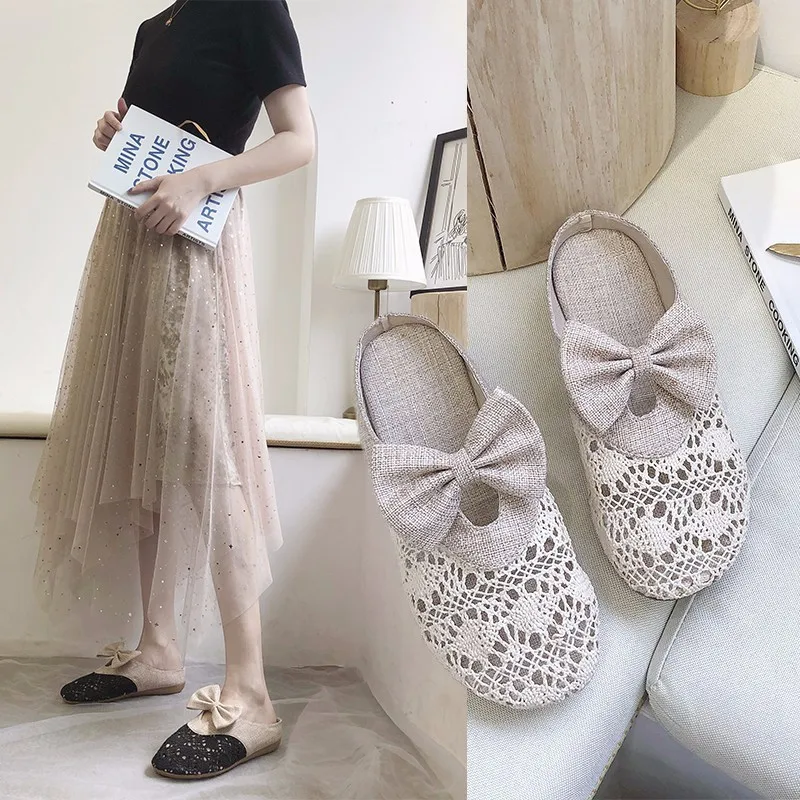 

Женские летние и осенние тапочки с бантом, из хлопка и льна