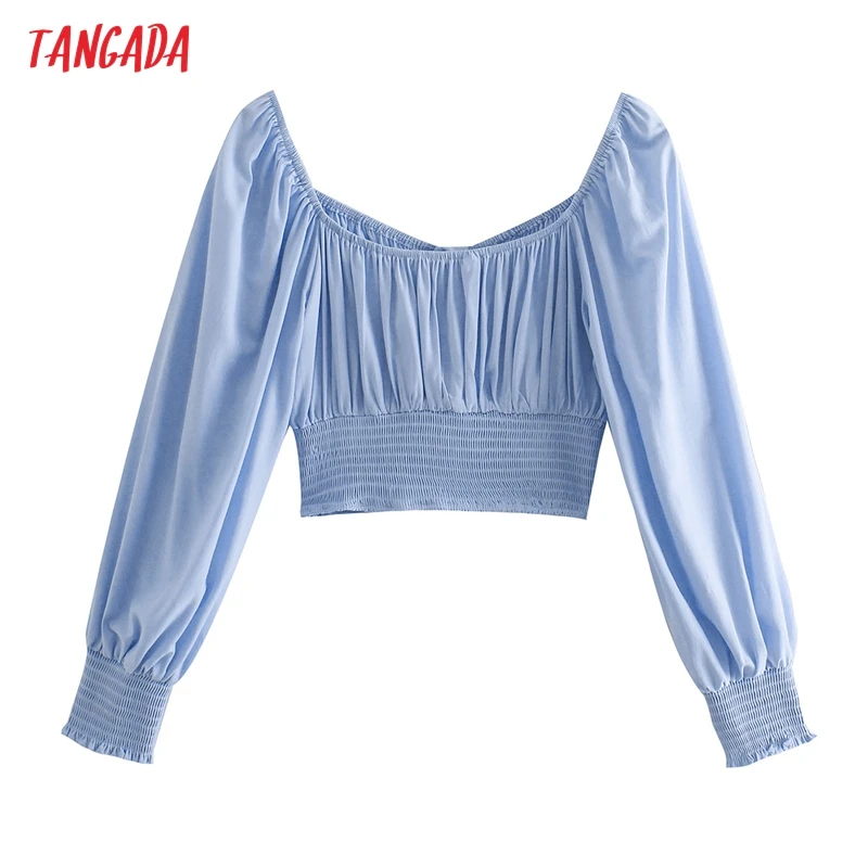 

Tangada Women Retro Blue Off Shoulder Crop Shirt Long Sleeve 2021 Summer Chic Female Sexy Slim Shirt Tops 3R31