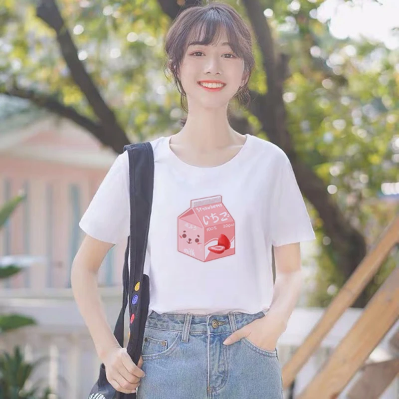 Новая футболка Harajuku для девочек Ullzang Milk Детская графическая женская с мультяшным