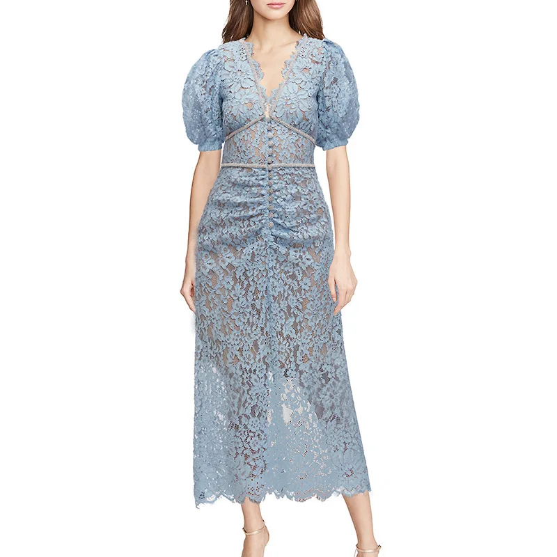 

Runway Summer Two Piece Lace Dress Sets Women Single Breasted Diamonds Chain Button Ruched Short Bubble Sleeve Midi Long Dresses