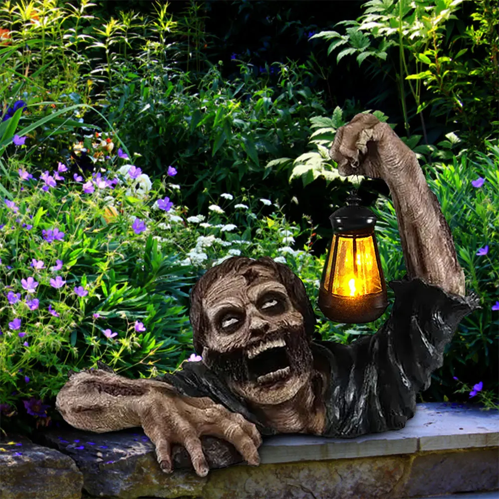 

Halloween Decor Solar Light Zombie Gnome Garden Statues with Led Lantern Resin Gnomes Statue Horror Movie Solar Powered Garden