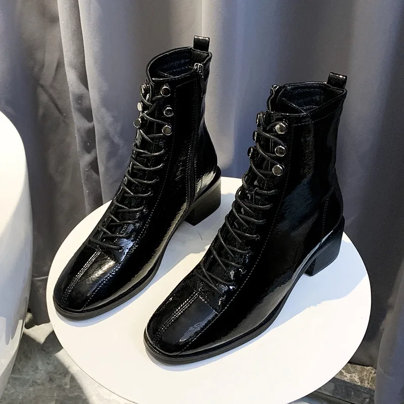 Retro Lace Up Motorcycle Boots Patent Leather women shoes ladies boots black Martin Boot Low Heel Short Cowboy Shoes |