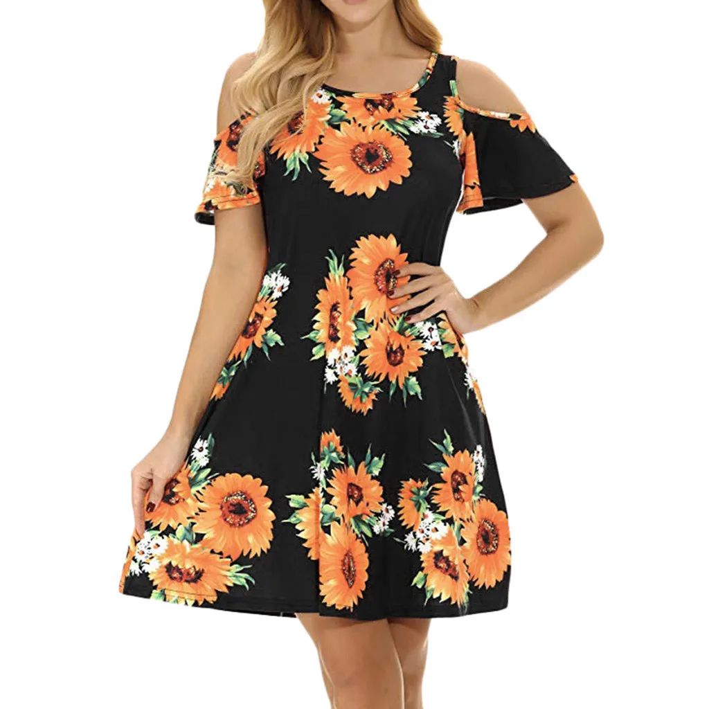 

2021 Fashion Summer Dress Women Casual Off Shoulder Long Sleeve Flower Print Loose Dress Female Elbise Robe Femme Vestido