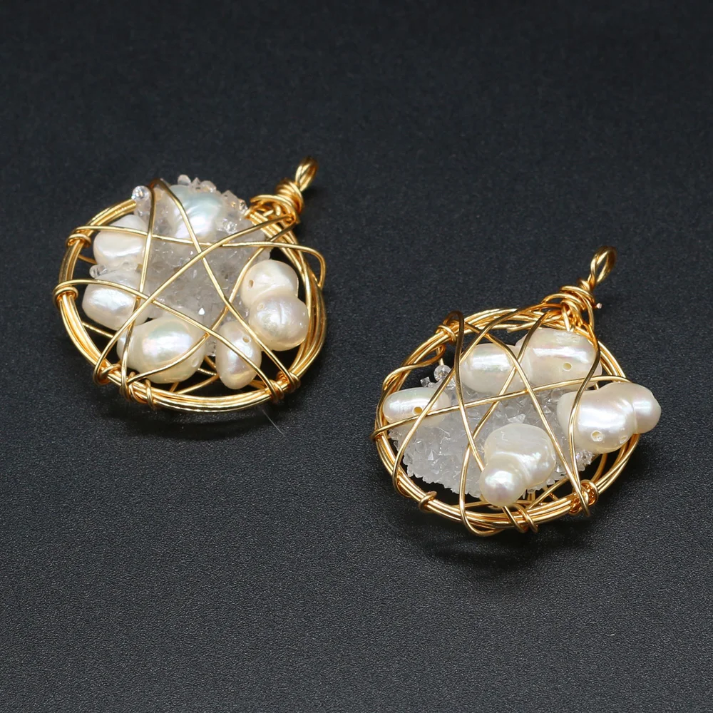 

Fashion Natural Pearl Pendant Round Shape Charm Gold Color Wire Wrap Pearl Pendants for Jewelry Making DIY Necklace Earrings