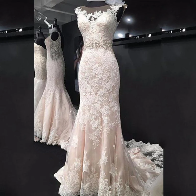 

Wholesale Elegant Mermaid Lace Cap Sleeves Bridal Wedding Dresses Illusion Bateau Neckline Wedding Gowns for Bride Appliqued