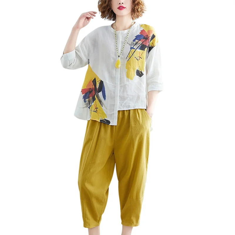 

Cotton and Linen Summer Women's Suits Short Sleeve Printed irregular T-shirt Tops & Casual harem Pants 2 Pcs Sets