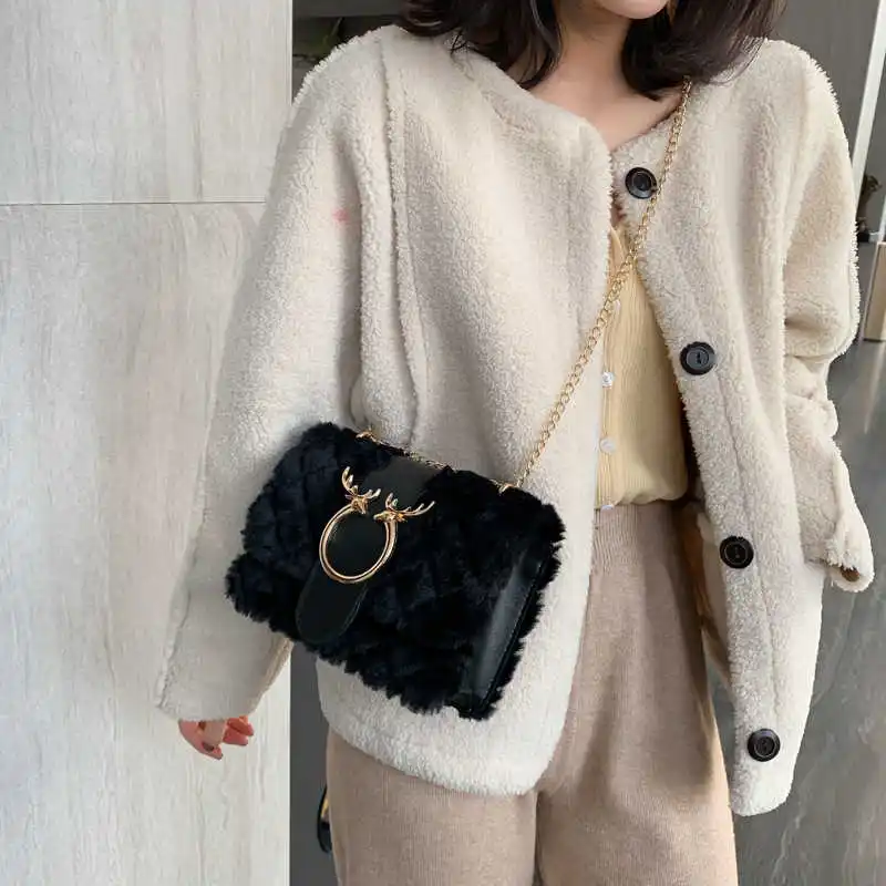 

New Fashion Female Winter Crossbody Bags Designer Handbag for Women 2021 Deer Lock Soft Plush Chain Shoulder Bags