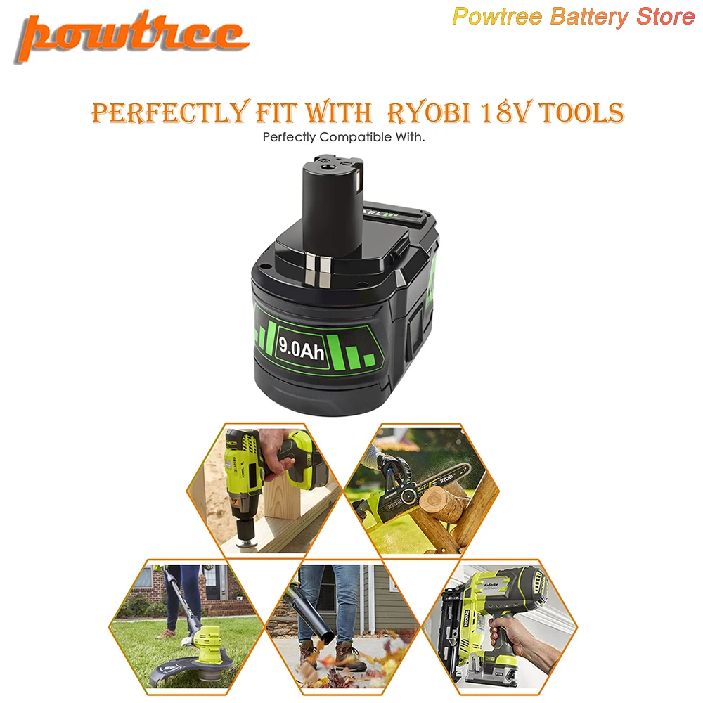 Литий-ионный аккумулятор Powtree P108 на 9000 мАч для электроинструментов Ryobi 18 в P107 P105 P104