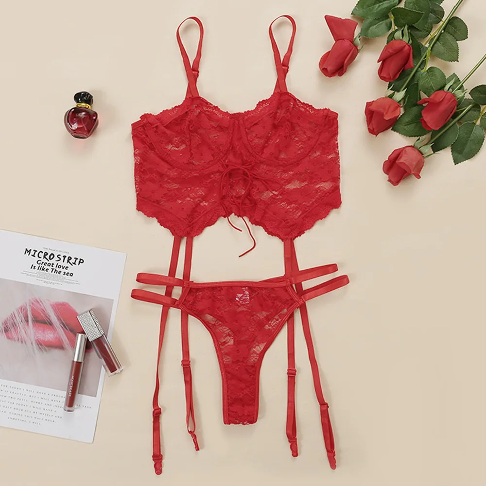 

FVIAD Womens Lace Intimate Underwear Suit Transparent Sexy Lingerie Erotic Push Up Gather Bra Sling & Briefs Set With Underwire