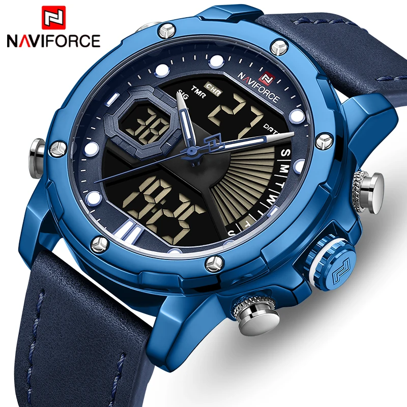 

Часы мужские NAVIFORCE, спортивные, водонепроницаемые, с кожаным ремешком, аналоговые, цифровые