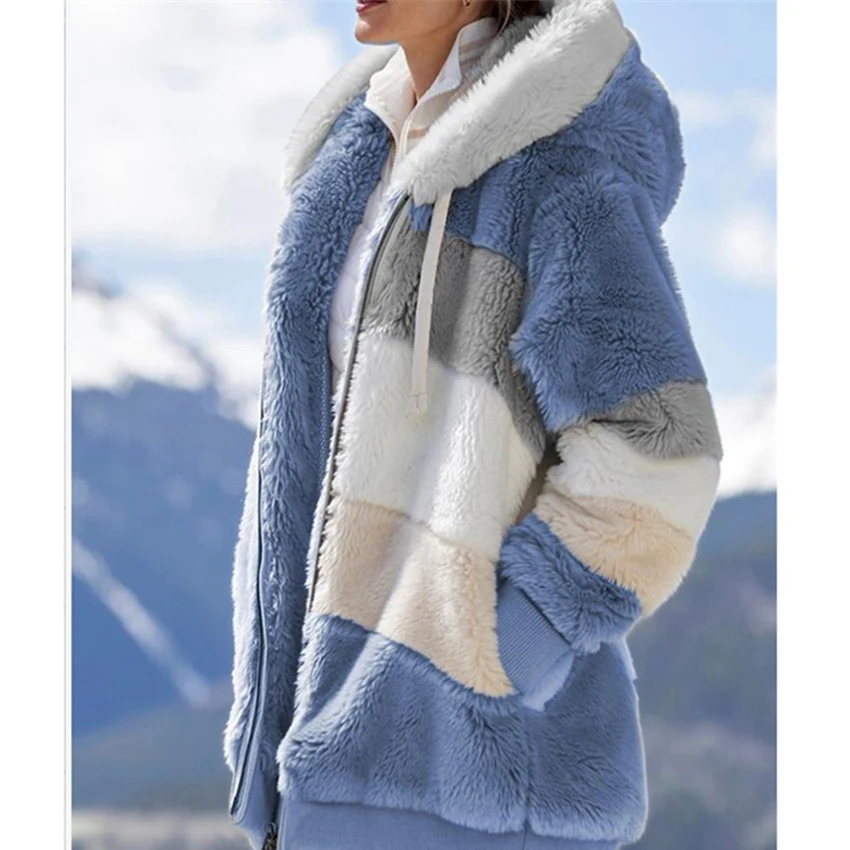 

Rank Winter Women Jacket Fashion Plush Patchwork Zipper Pocket Winter Hooded Jacket Loose Long Sleeve Plus Size Women Top Coat