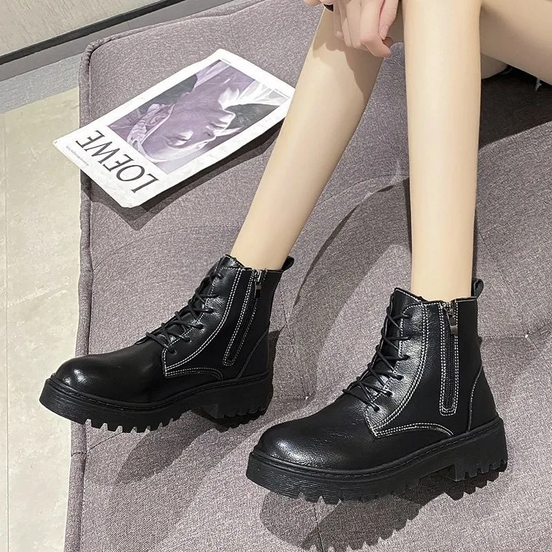 Autumn Winter Women Fashion Lightweight Comfortable Round Toe Shoes Ladies Lace-up Thick-soled Non-slip Women's Platform Boots