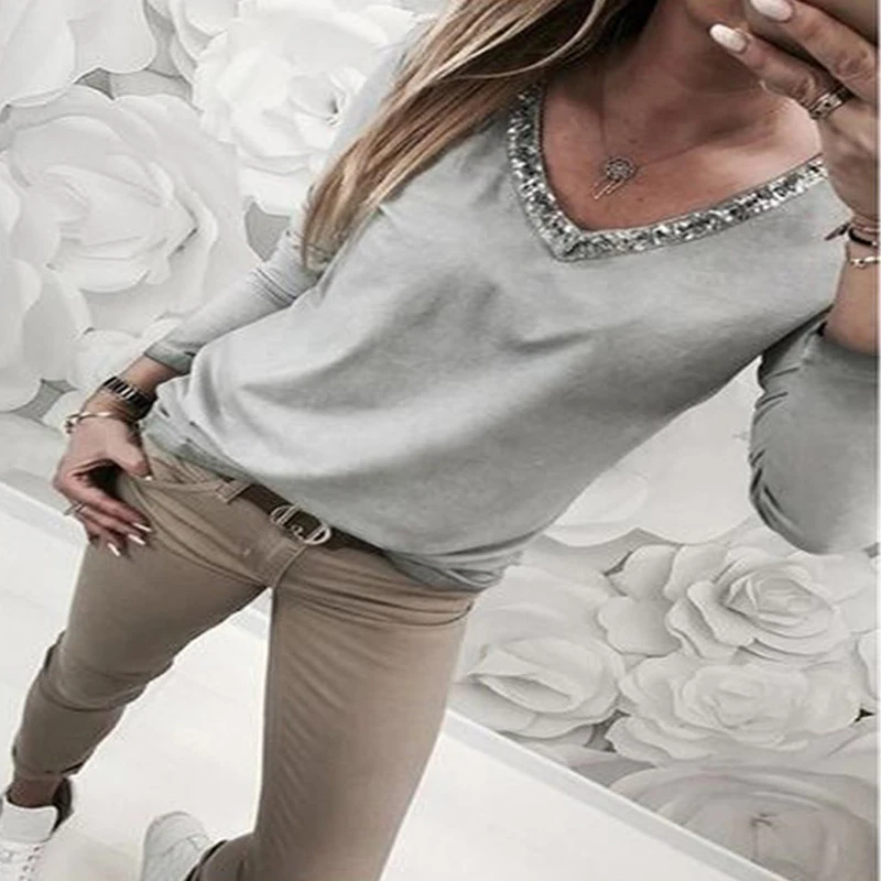 Модная женская рубашка Повседневная Сексуальная футболка в блестках с длинными