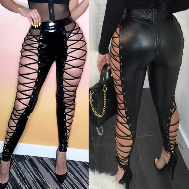 

2021 Spring Autumn Sexy Black Pants Fashion Bandage Hollow Out Casual Women's Pants Office Party Club Wear PU Long Trousers
