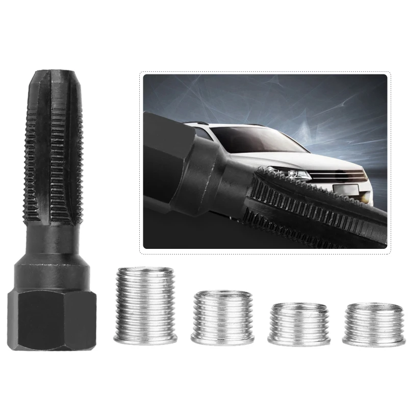 

5Pcs/set Carbon Steel Cylinder Head Tap Tools Kit With 4 Sizes Inserts Re-Thread Taps For 14mm 1.25 Sparking Plugs Repair Tools