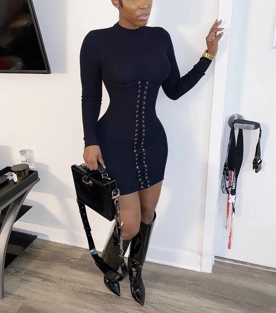 

women Autumn long sleeve bodycon dress ladies sexy casual lace up skinny slim mini dress female