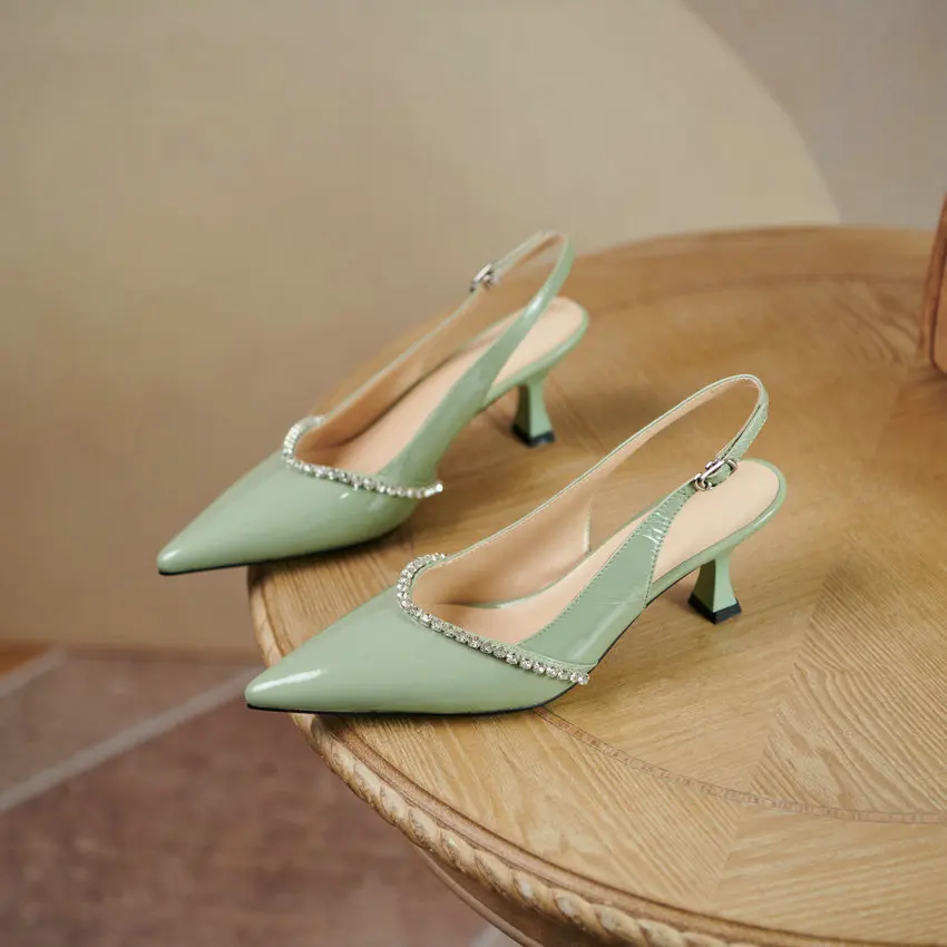 

QUTAA 2021 Back Strap Buckle Summer Female Shoes Cow Patent Leather Pointed Toe Women Sandals Crystal High Heels Big Size 34-43