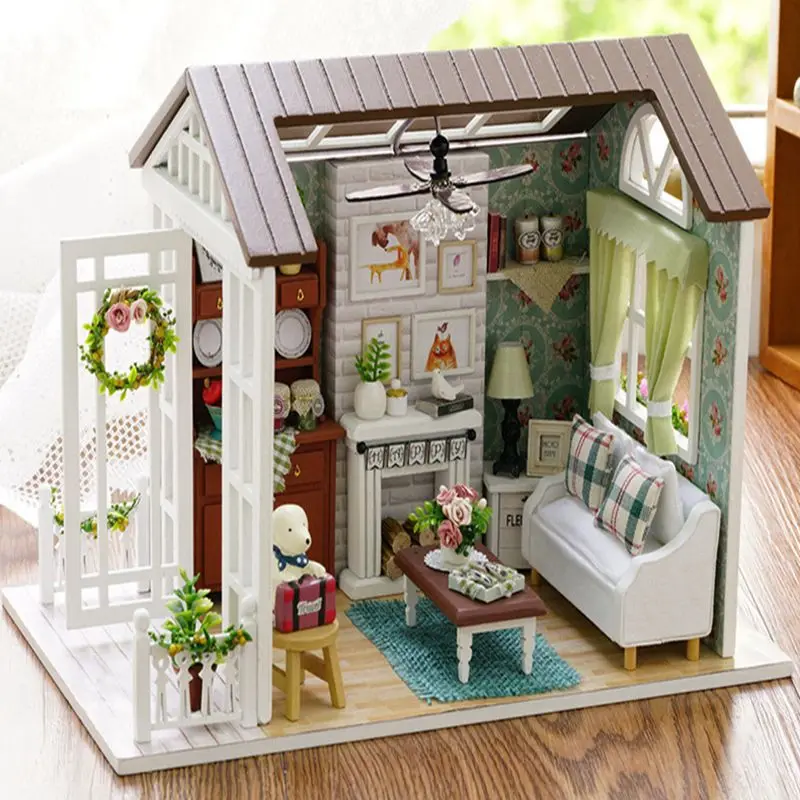 

Christmas Gift 3D Wooden Doll House Living Room with Balcony Furniture DIY Miniature Kit Toys with Dust Cover Dollhouse