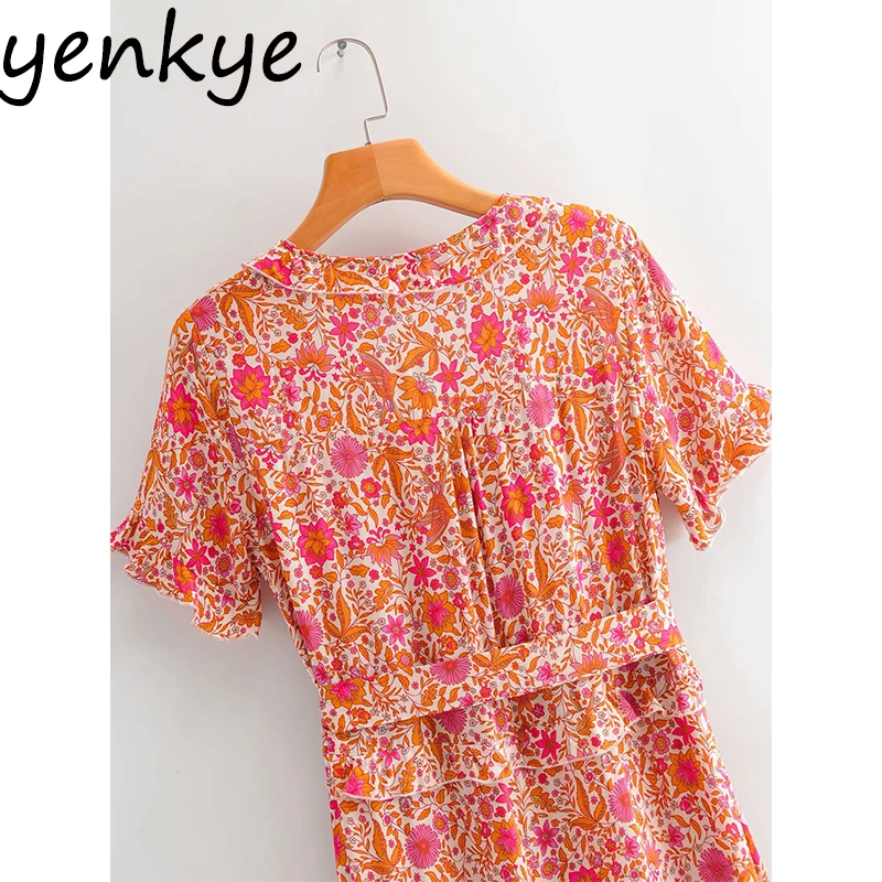 

Floral Print Holiday Boho Dress Women V Neck Short Sleeve Sundress Sashes A-line Casual Summer Long Dress Maxi vestidos SYJZ529