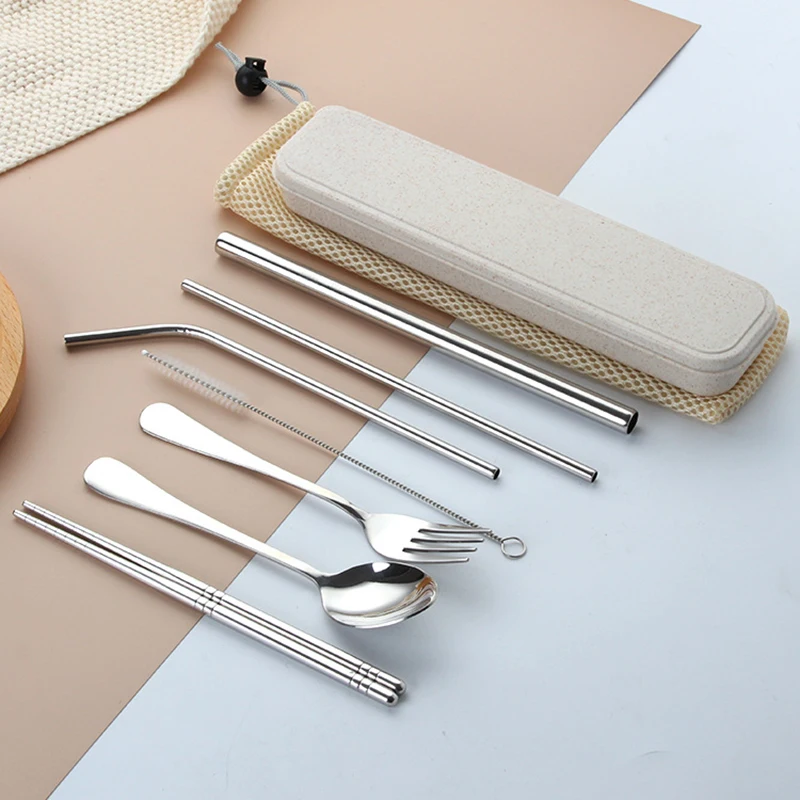 

Student 7pcs Tableware Set Stainless Steel Spoon Fork Chopsticks Straw Kitchen Dinnerware Cutlery Kit