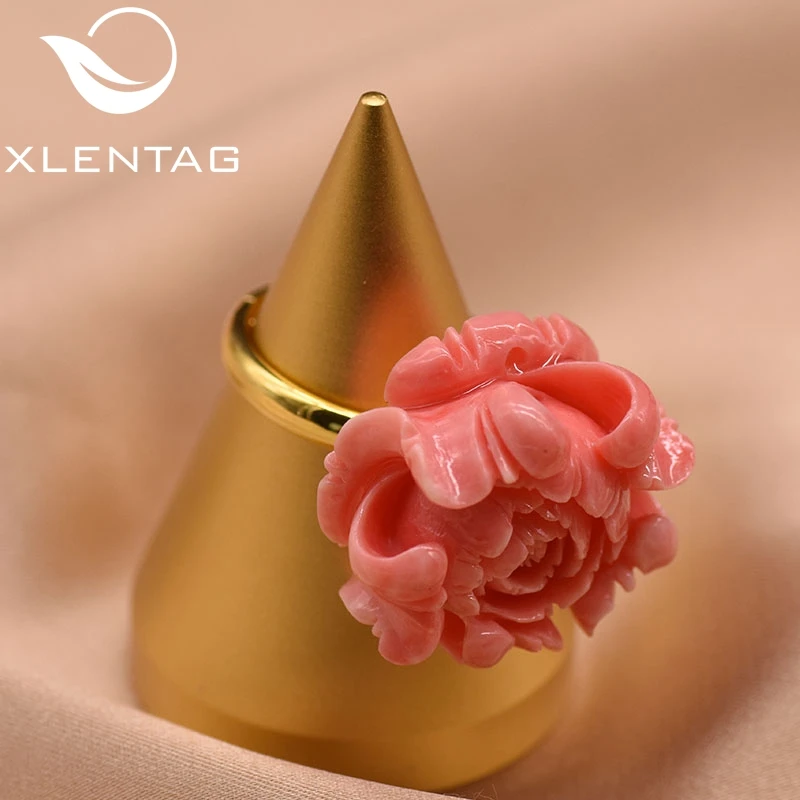 XlentAg, дизайн, 925 пробы, серебряная, Коралловая пудра, цветок, регулируемое кольцо для женщин, вечерние, подарочное кольцо, хорошее ювелирное изделие GR0223