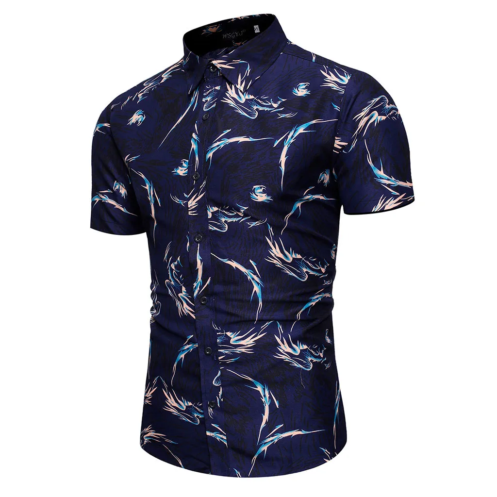 Повседневные мужские рубашки гавайская блузка с коротким рукавом и отложным