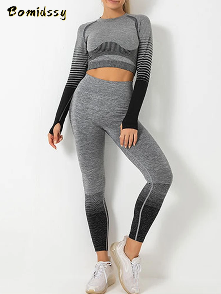 

Women Plus Size Seamless Fitness Yoga Wear Long Sleeve Sports Shirt Set High Waist Stretch Leggings Gym Running Training Pants