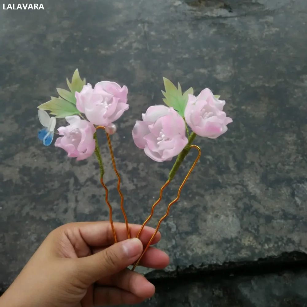 LALAVARA пион ручной работы заколки для волос Китайский Винтаж Kanzashi для женщин девочек булочка updo аксессуары для волос