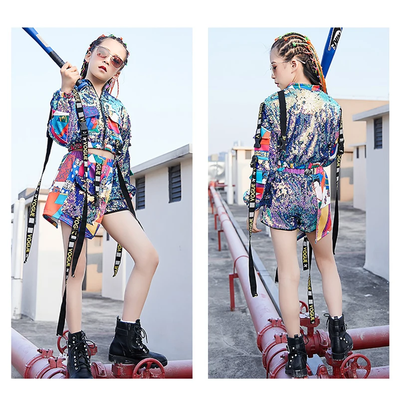 

Girls Jazz Costumes Children Street Dance Sequin Clothes Kids Hiphop Performance Outfit Child Catwalk Show Clothing