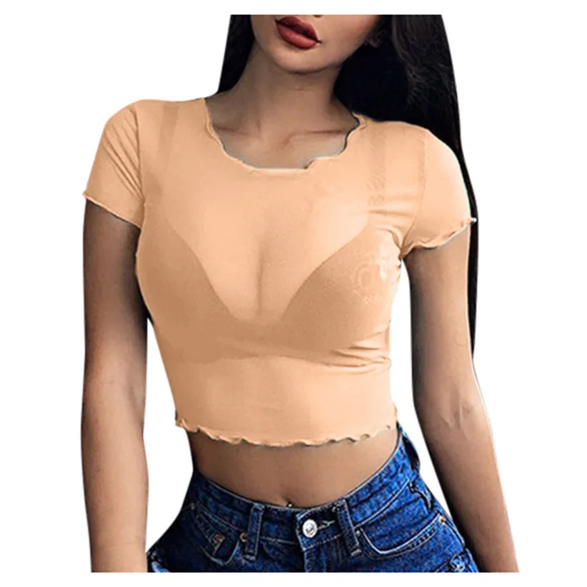 Женская сексуальная прозрачная сетчатая укороченная футболка с коротким