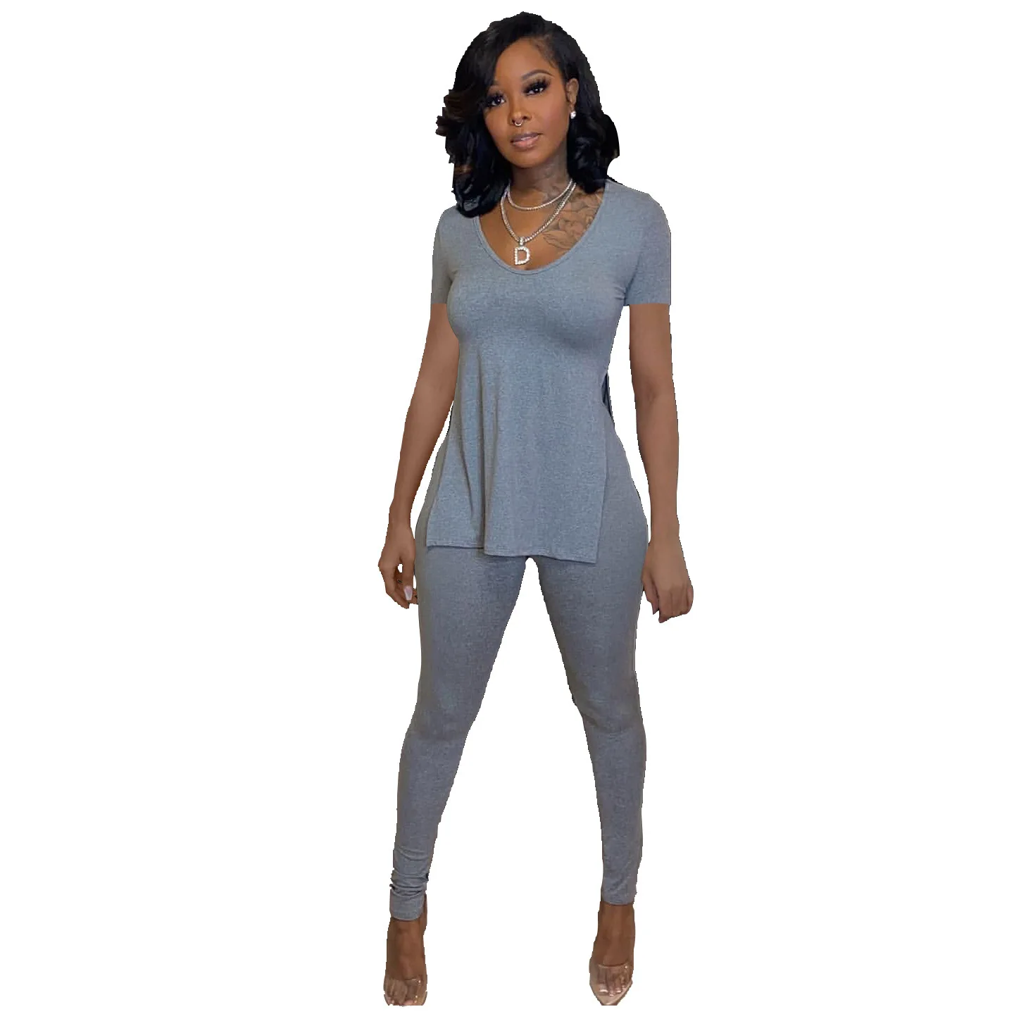 

Solid Women Two Piece Sets Sexy V-Neck Slimming Waist Short Sleeves Top Skinny Pencil Pants Office Lady 2021 Clubwear Outfits