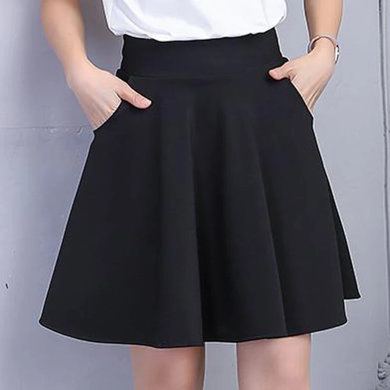 

GAOKE Black Shorts Skirt Women 2020 Fashion Solid Color Pocket High Waist A-line Sun School Mini Skirt Female